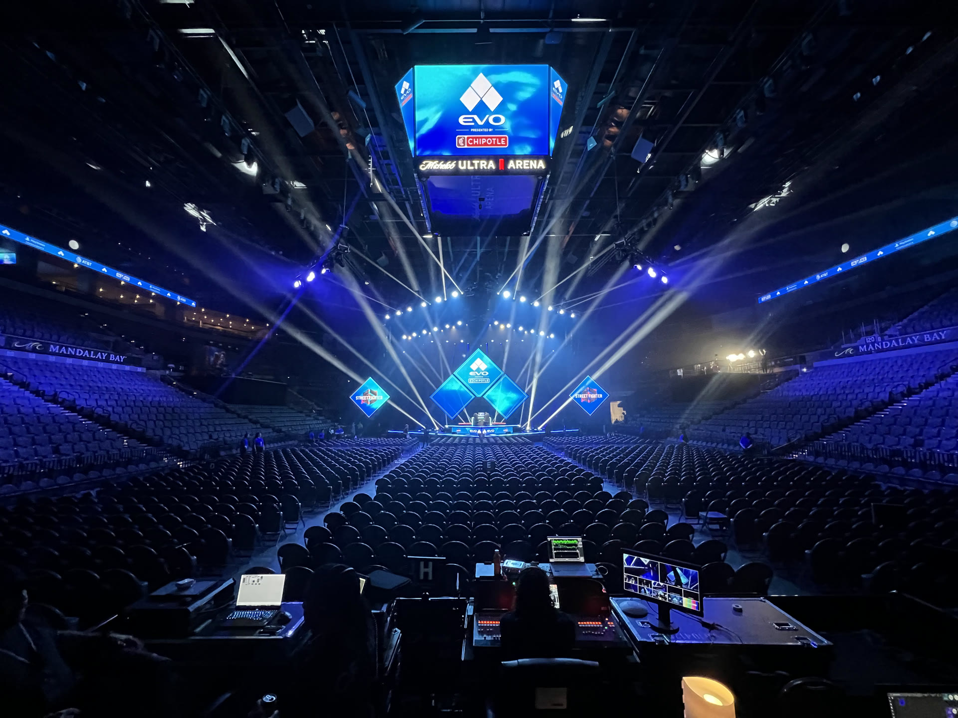 EVO 2026 stage and overhead LED cube viewed from the production control position