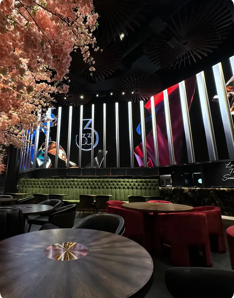 Lounge seating and LED wall at Three Thirty Three