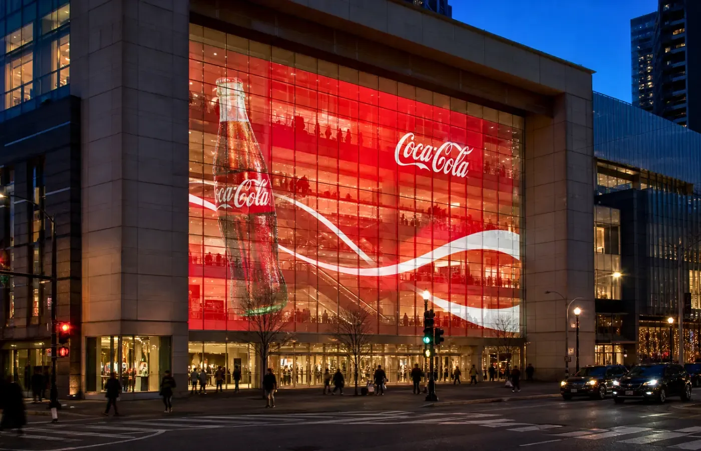 Full-height LED media facade showing a red beverage campaign on a city building