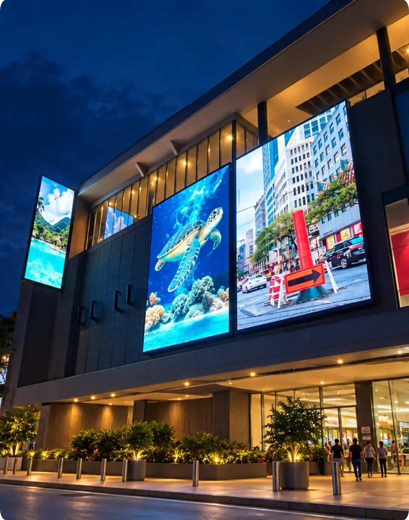 NCCC Mall Buhangin digital facade with large LED displays at dusk