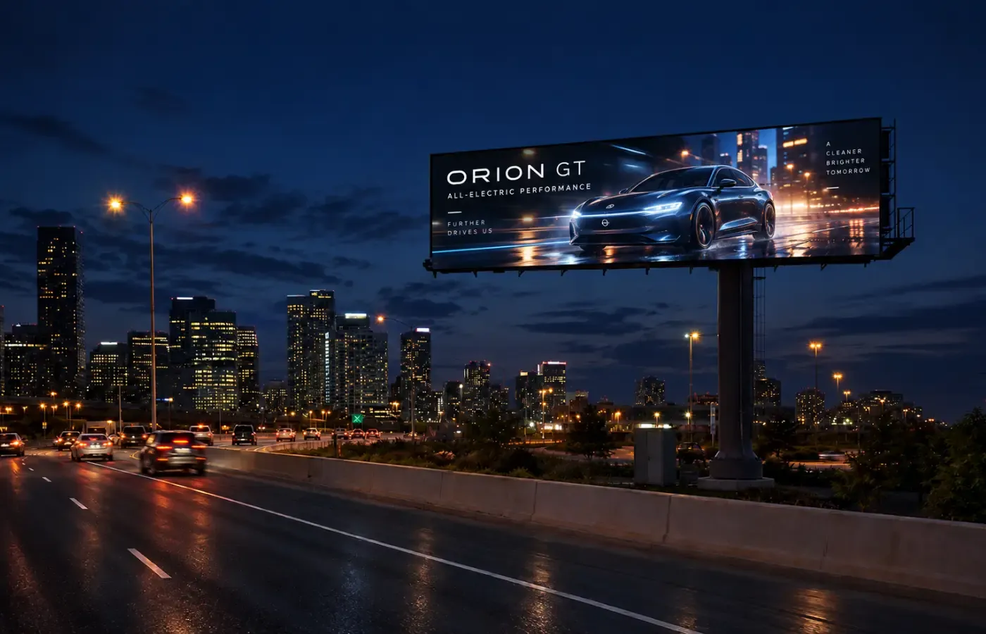 Digital highway billboard at night against a city skyline