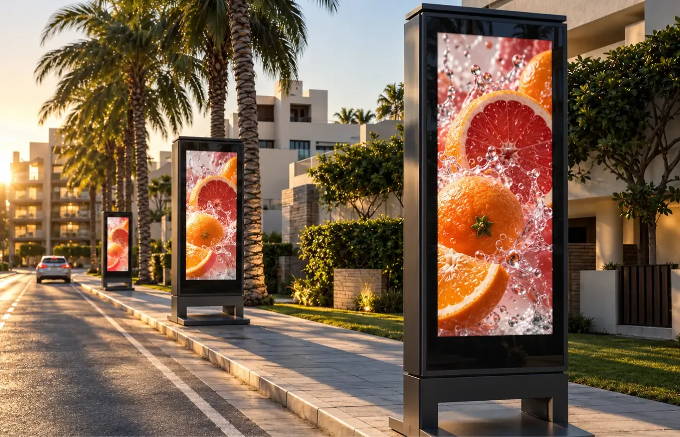 Street-level digital media kiosks along a palm-lined sidewalk