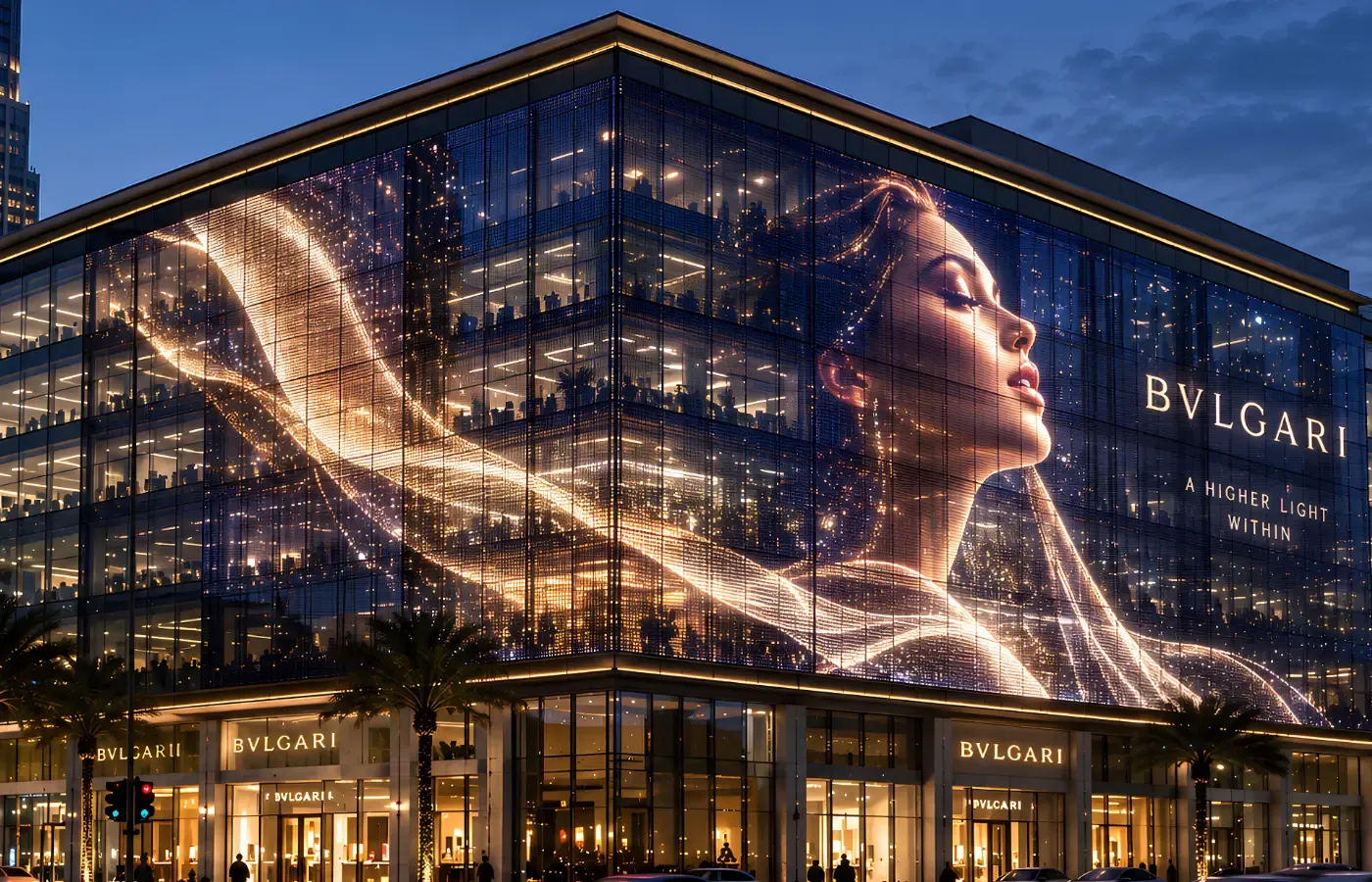Building-wide LED media facade showing flowing branded content at night