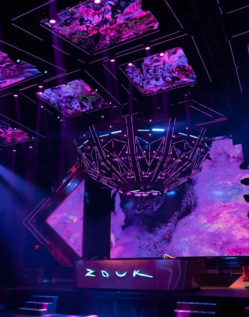 LED ceiling and DJ booth inside Zouk Nightclub at Resorts World Las Vegas