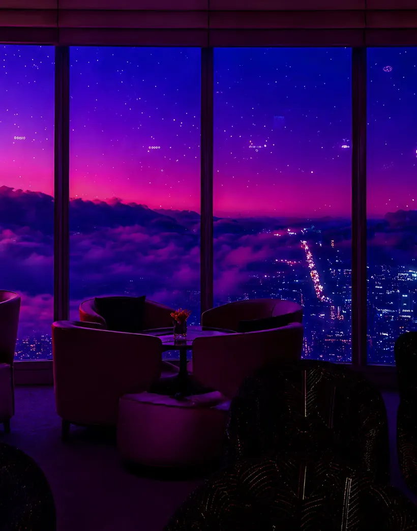 Solaire North Skybar lounge seating against panoramic windows at night