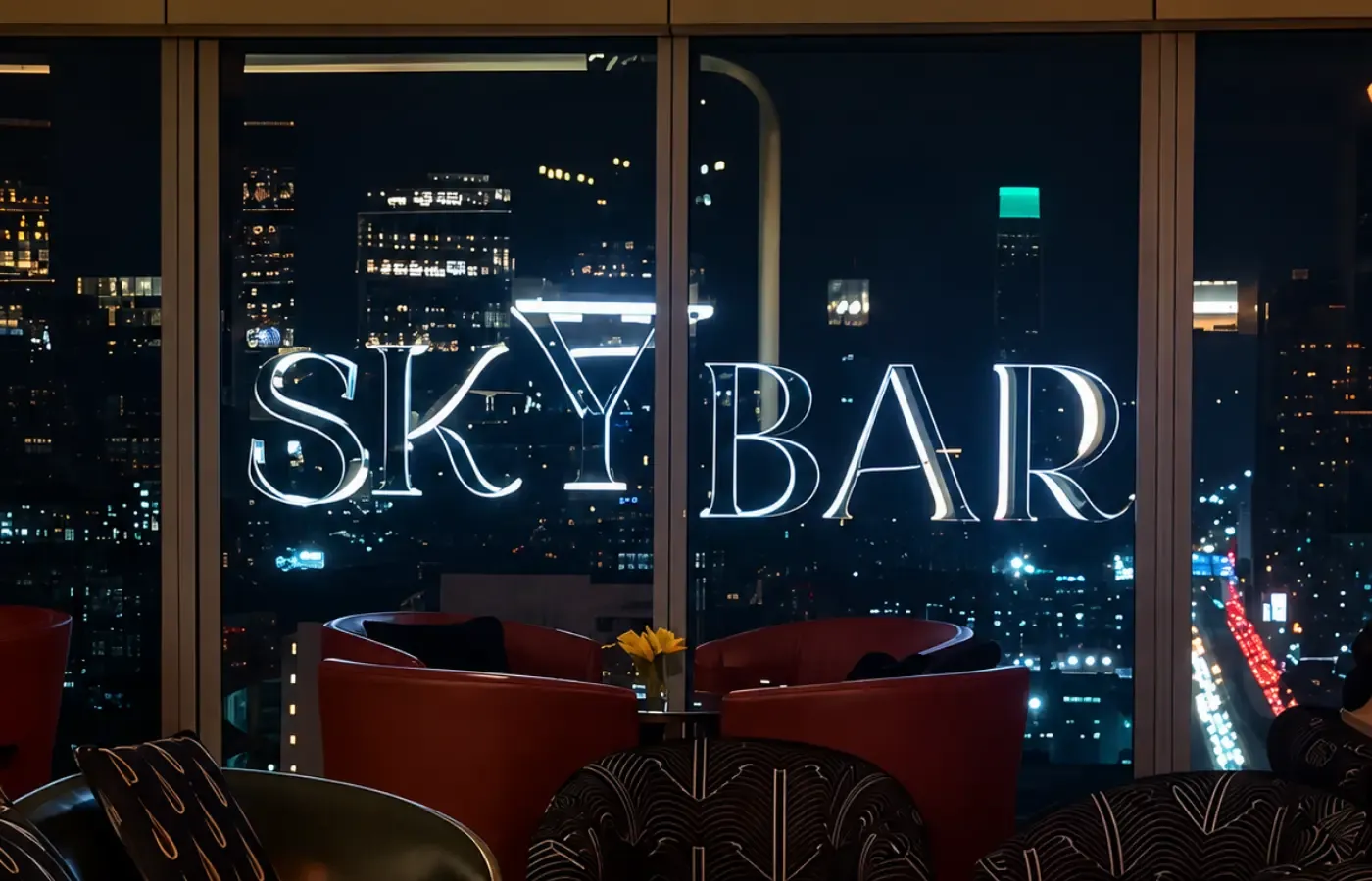 Illuminated Skybar sign in front of floor-to-ceiling windows over the city at night