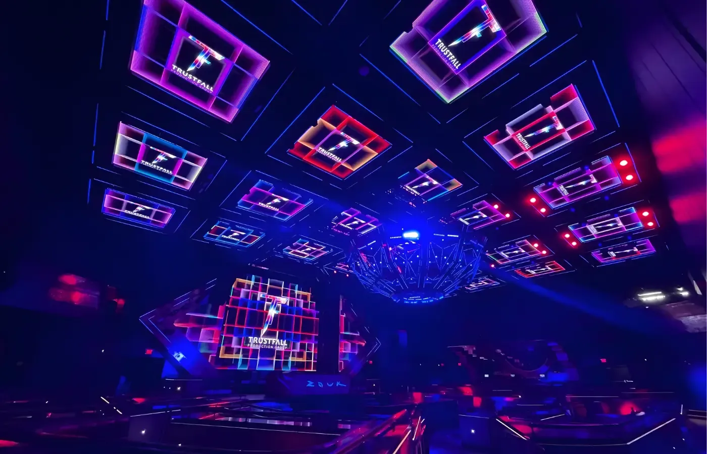 LED ceiling grid and show lighting above the dance floor at Zouk Nightclub