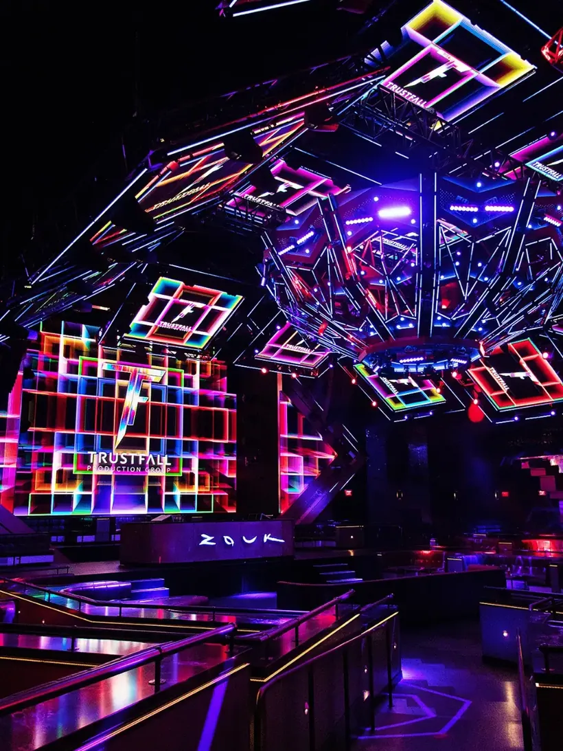 Geometric LED ceiling and DJ booth inside Zouk Nightclub at Resorts World Las Vegas