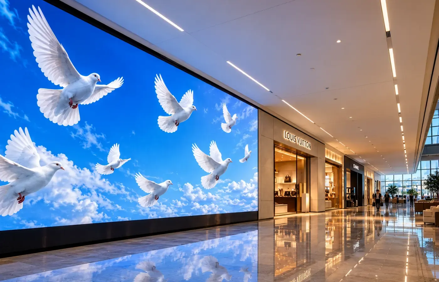 Large blue LED display with flying doves along a retail corridor with reflective floors