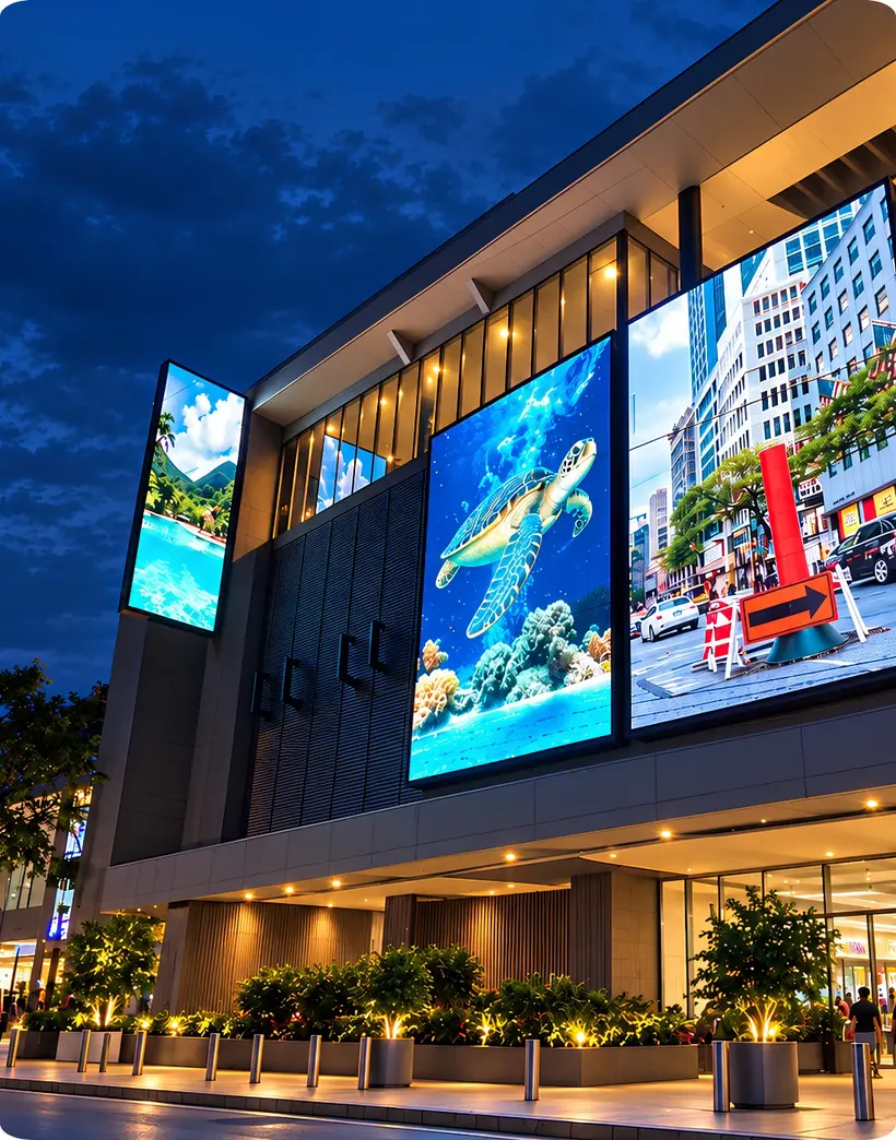 NCCC Mall Buhangin digital facade with large LED displays at dusk