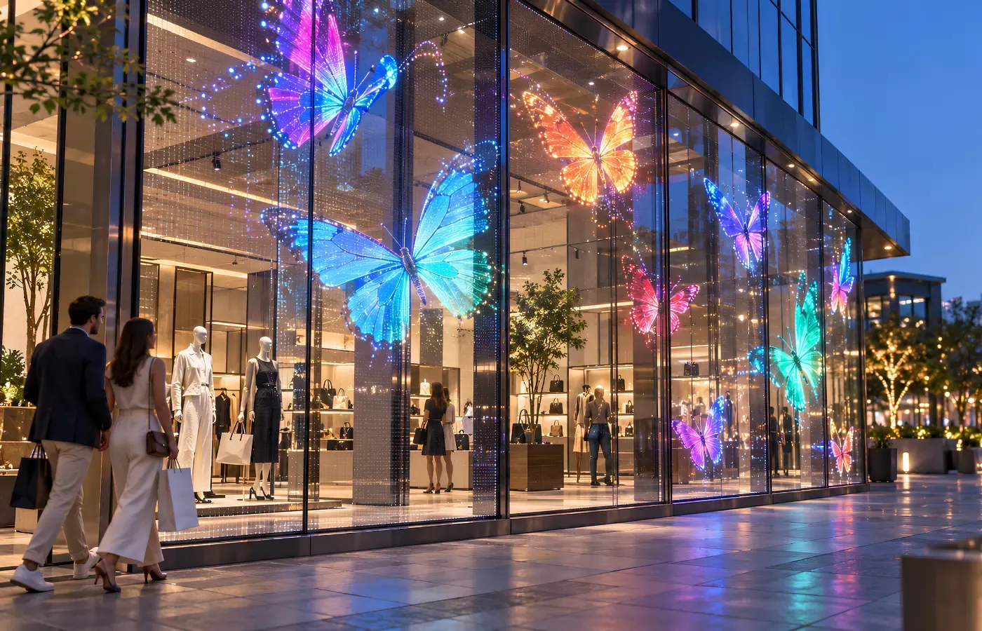 Transparent LED butterflies on a glass storefront in a shopping arcade