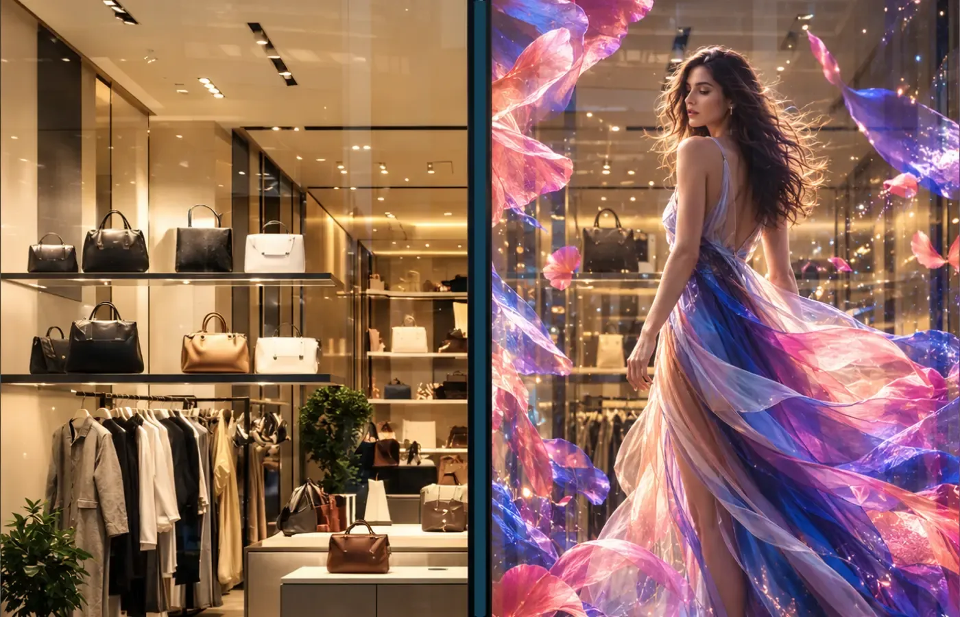 Fashion storefront with a full-height LED display beside the merchandise