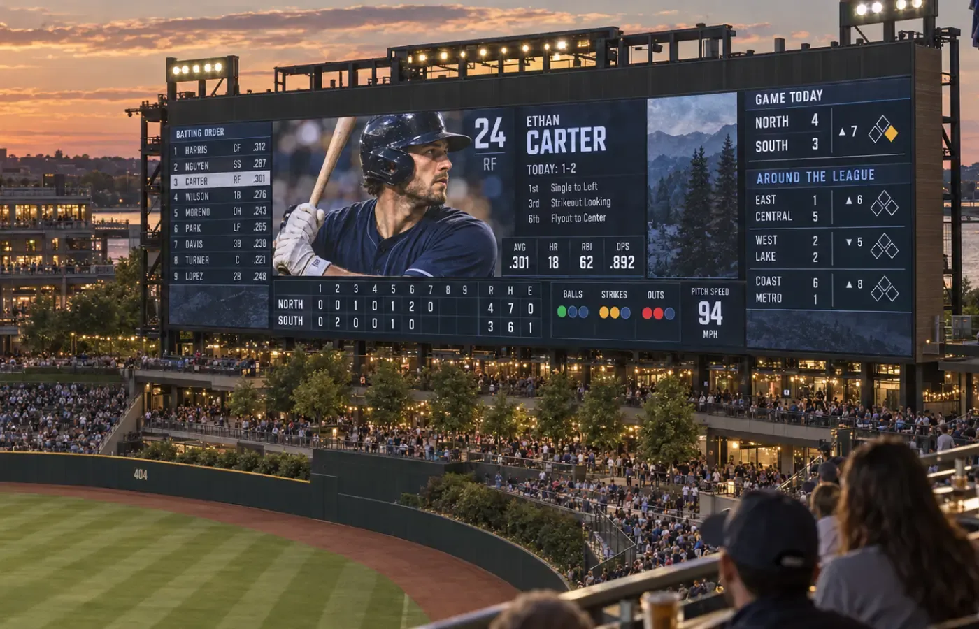 Ballpark video scoreboard showing live player stats at sunset